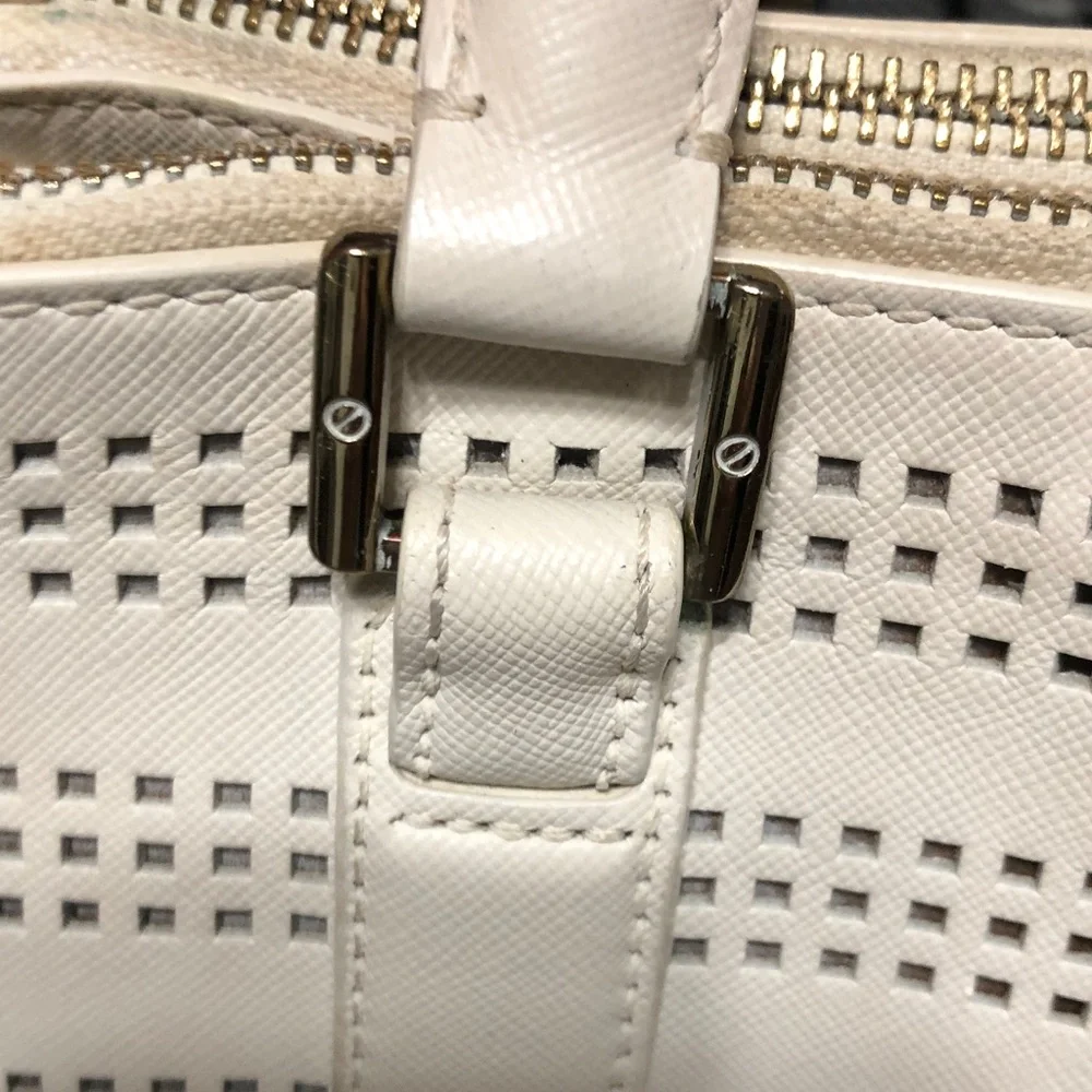 Tory Burch White Perforated Leather Tote with Gold Logo